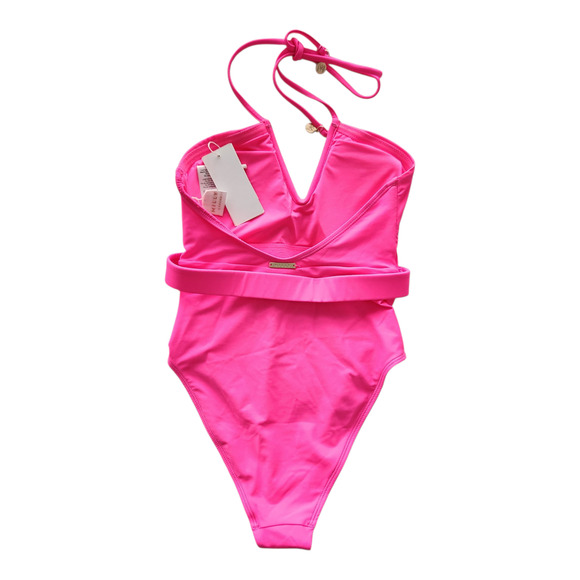 MILLY Cabana Ruched Halter One Piece Swimsuit P Neon Pink Beach Vacation Resort - Picture 2 of 11